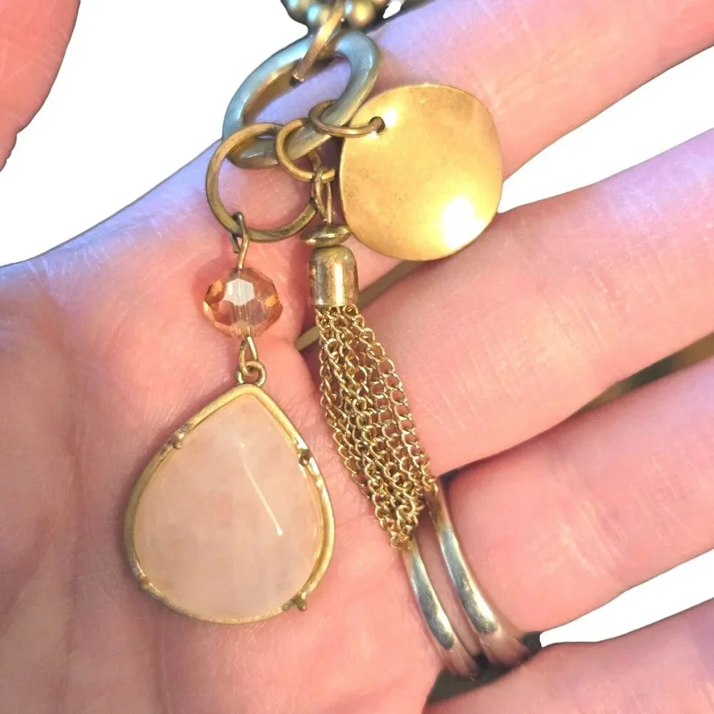 Rose Quartz & Gold Tone‎ Charms Pendant On A Multi Beaded Necklace Unmarked 34